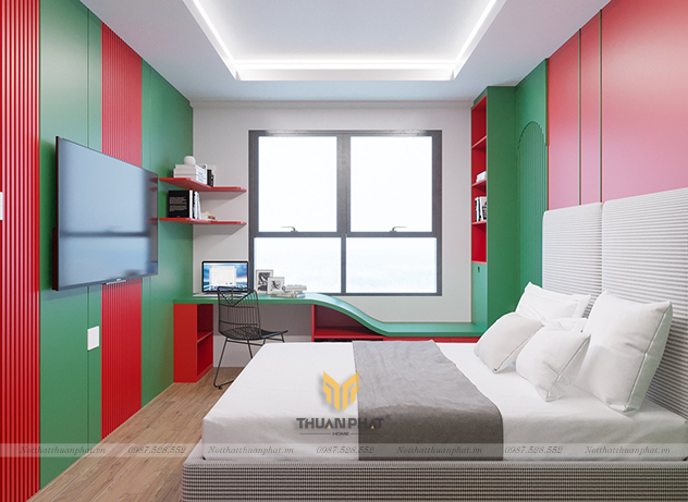 Nội thất đa màu sắc 2 phòng ngủ và phòng bếp