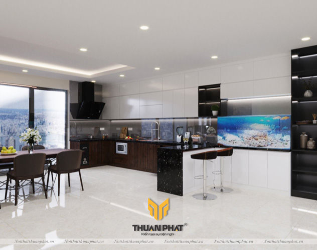 Tủ bếp Acrylic trắng sứ & Laminate vân gỗ Óc Chó
