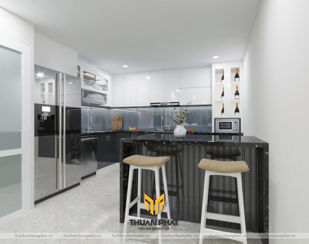 Tủ bếp Acrylic màu Trắng & Ghi Xám có bàn đảo