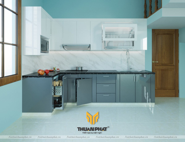 Tủ bếp Acrylic với khung bê tông có sẵn