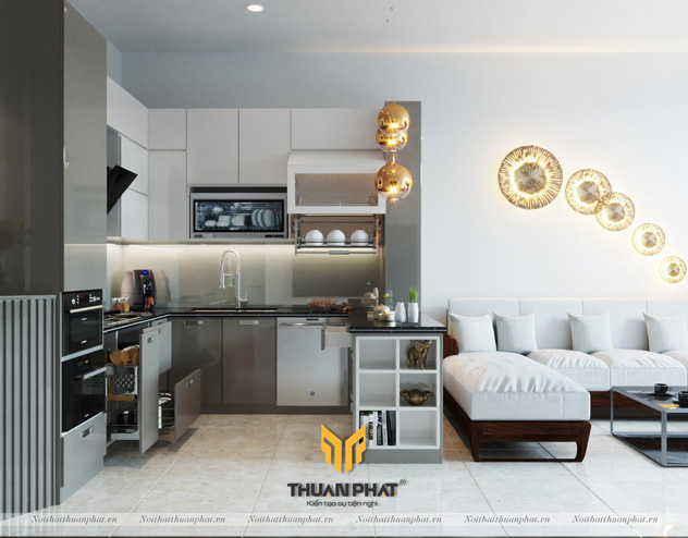 Tủ bếp Acrylic với quầy bar cho không gian bếp sang trọng