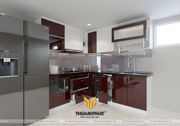 Tủ Bếp nhựa Acrylic màu trắng xen lẫn đỏ đô