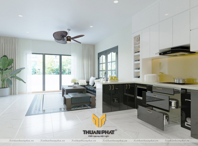 Tủ bếp Acrylic liền phòng khách cho không gian sang trọng