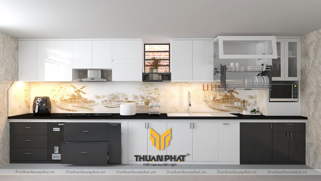 Tủ bếp Acrylic phối 2 màu đen và trắng