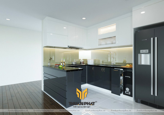 Tủ bếp Acrylic có quầy bar đẹp hiện đại