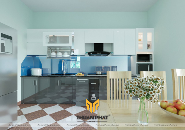Tủ Bếp Acrylic màu ghi xám kết hợp trắng