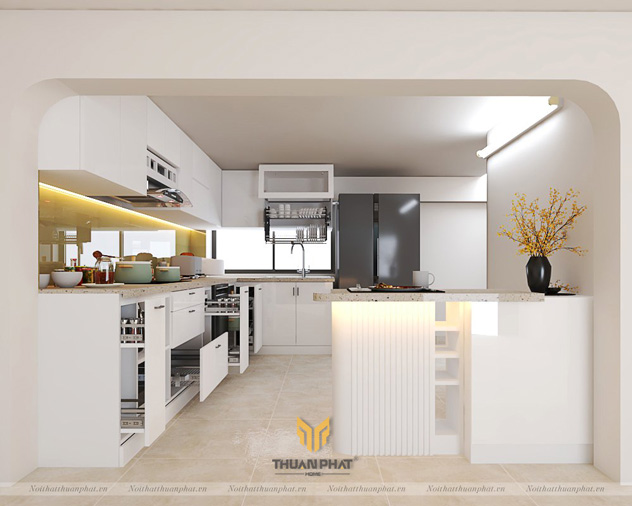 Tủ Bếp nhựa Acrylic màu trắng có bàn đảo nhỏ