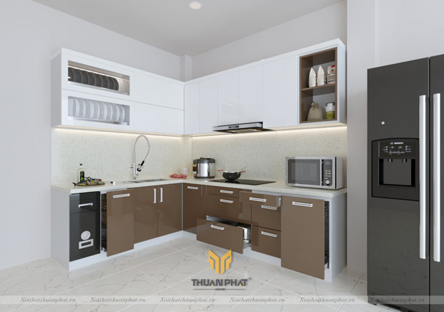 Tủ bếp Acrylic hình chữ L đơn giản mà đẹp