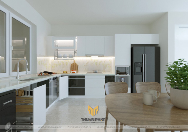 Tủ bếp Acrylic màu trắng kết hợp đen