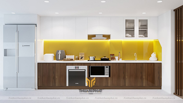 Tủ Bếp Acrylic với kính vàng chanh bắt mắt