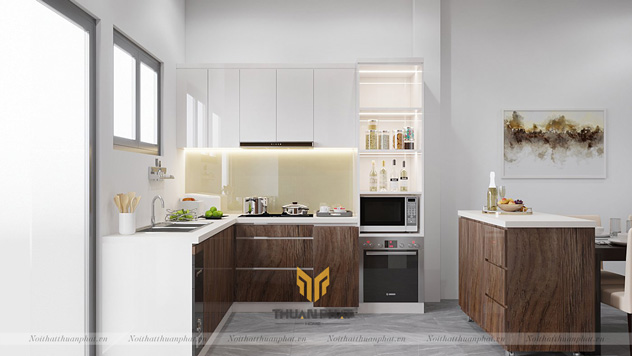 Tủ bếp Acrylic với bàn đảo di động