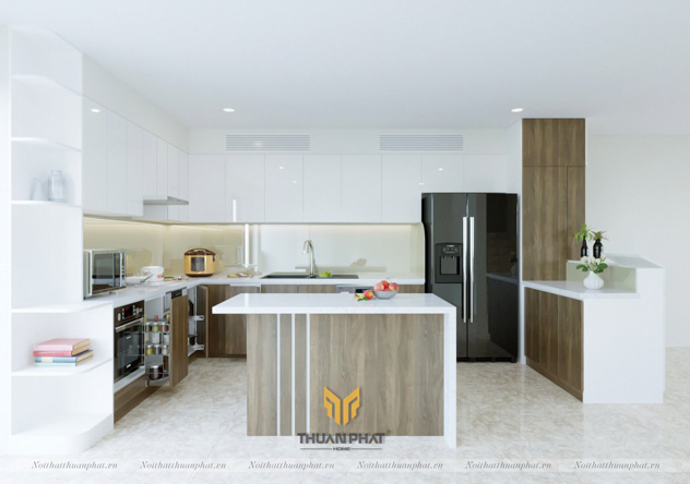 Tủ Bếp Acrylic & Laminate có quầy bar, bàn đảo sang trọng
