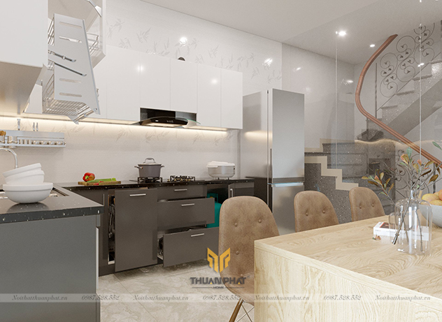 Tủ Bếp Acrylic màu ghi xám kết hợp trắng AC175