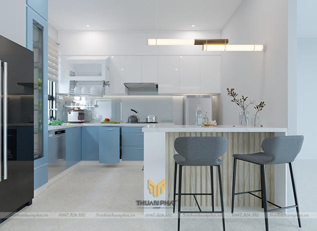 Tủ Bếp Acrylic màu trắng xanh kèm bàn đảo AC178