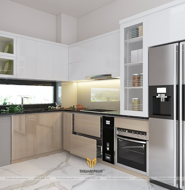 Tủ Bếp Acrylic vân gỗ sáng màu kết hợp trắng AC182