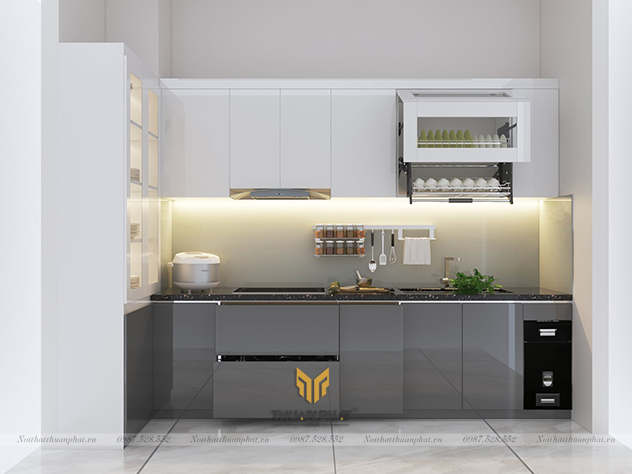 Tủ Bếp Acrylic ghi xám hình chữ L