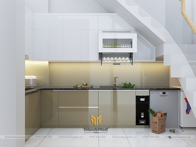 Tủ Bếp Acrylic hình chữ L dưới gầm cầu thang