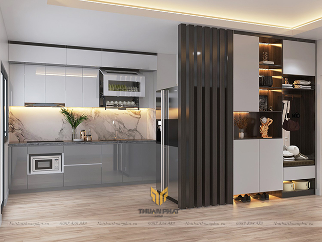 Tủ Bếp Acrylic ghi trắng cao kịch trần