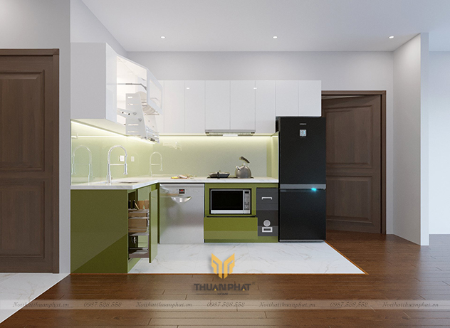 Tủ Bếp Acrylic 'XANH CỐM' phối trắng đẹp đỉnh
