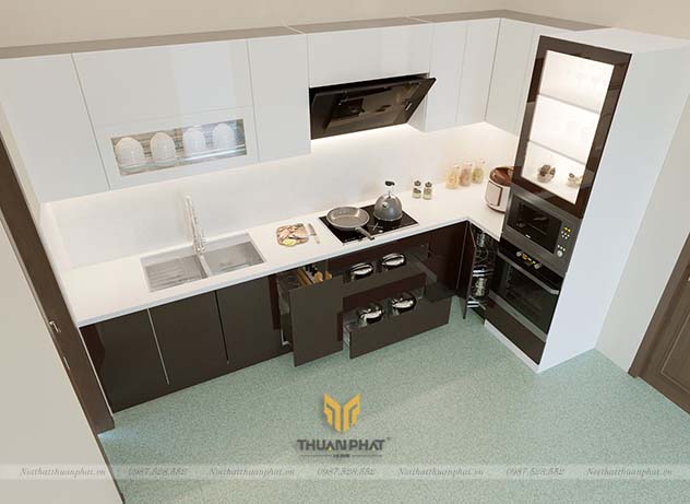 Tủ Bếp Acrylic "Nâu Cafe" kết hợp trắng sứ