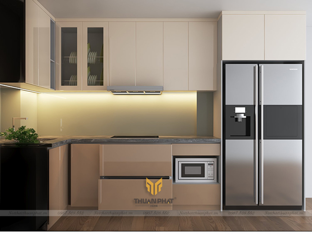 Tủ Bếp Acrylic hình chữ L màu trà sữa