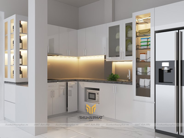 Tủ Bếp Acrylic màu trắng sứ kèm tủ rượu