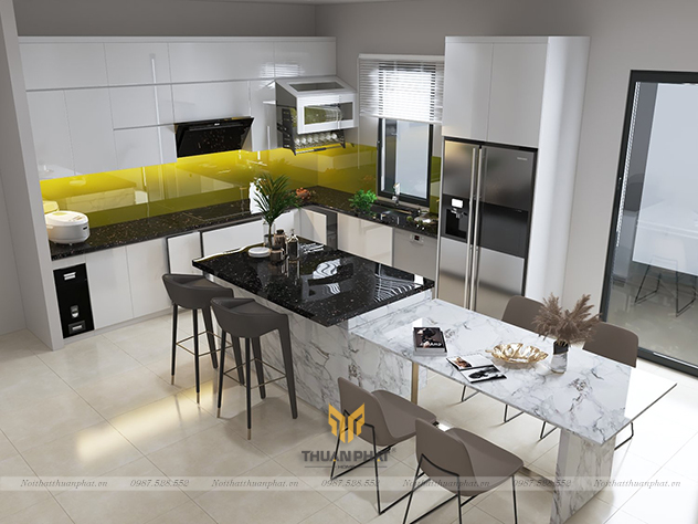 Tủ Bếp Acrylic chữ L với bàn đảo SIÊU CHẤT