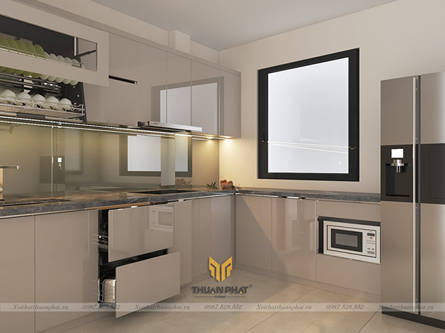 Tủ Bếp Acrylic chữ L nâu cát