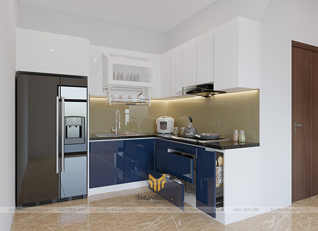 Tủ Bếp Acrylic hình chữ L màu xanh đậm