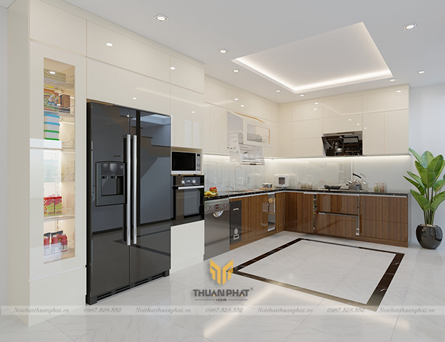 Tủ Bếp Acrylic màu be với cửa sổ siêu rộng