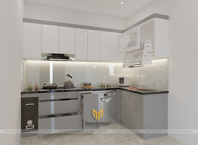 Tủ Bếp Acrylic màu ghi kết hợp trắng sứ