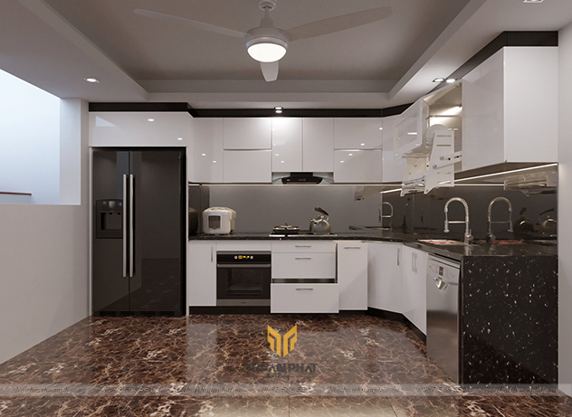 Tủ bếp Acrylic màu trắng viền chỉ đen