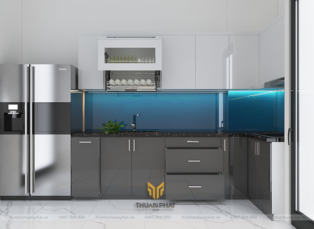 Tủ bếp inox cánh Acrylic ghi xám trắng