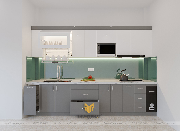 Tủ bếp inox cánh Acrylic chữ i đơn giản