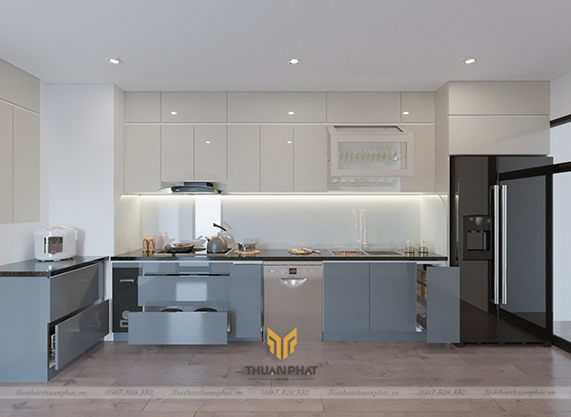 Tủ bếp inox cánh Acrylic ghi nhạt + be