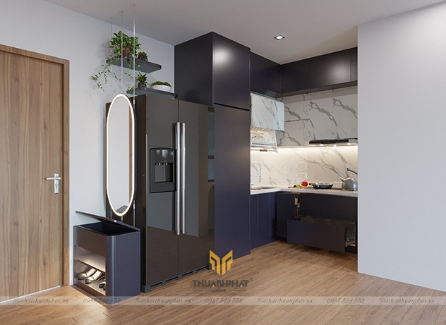 Tủ bếp inox cánh Acrylic đen + vân đá