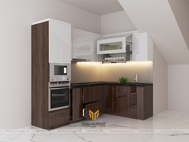Tủ bếp inox cánh Acrylic chữ L nhỏ