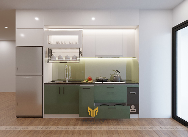 Tủ bếp inox cánh Acryic xanh rêu