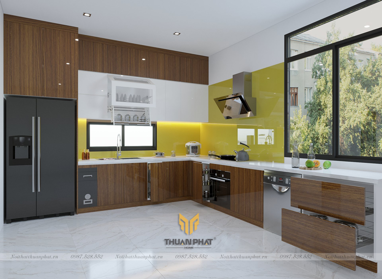 Tủ bếp inox cánh Acryic kính ốp vàng