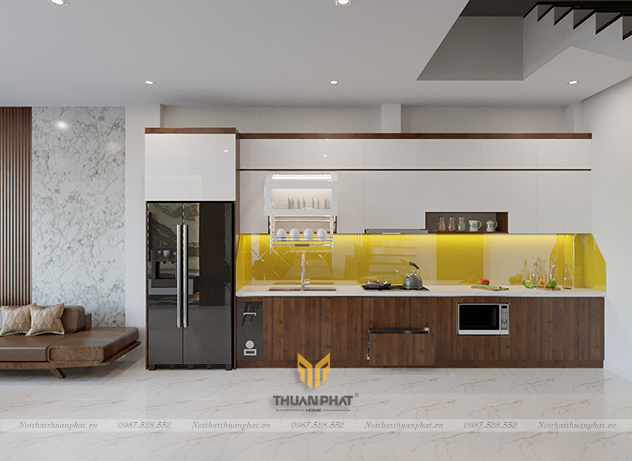 Tủ bếp inox cánh Acryic chữ i đơn giản mà đẹp