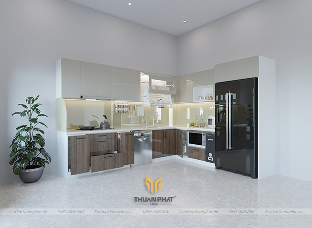 Tủ bếp inox cánh Acrylic vân gỗ + trắng