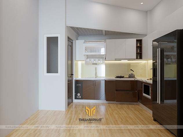 Tủ bếp inox cánh Acrylic nâu trắng