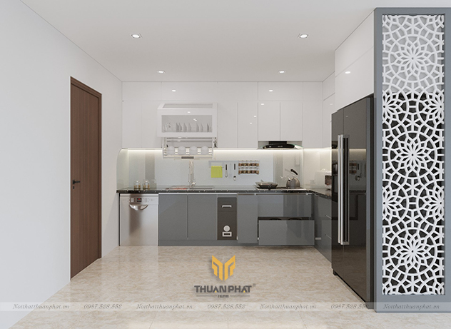 Tủ bếp inox cánh Acrylic vách CNC