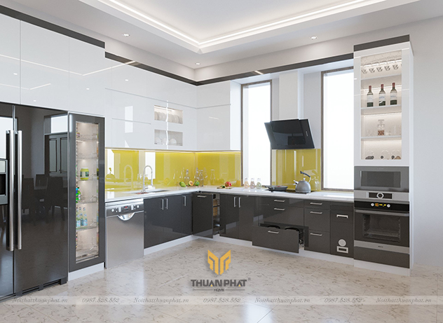 Tủ bếp inox cánh Acrylic đen + trắng