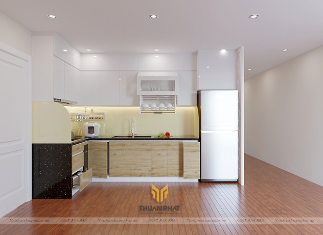 Tủ bếp inox cánh Acrylic vân gỗ sáng màu