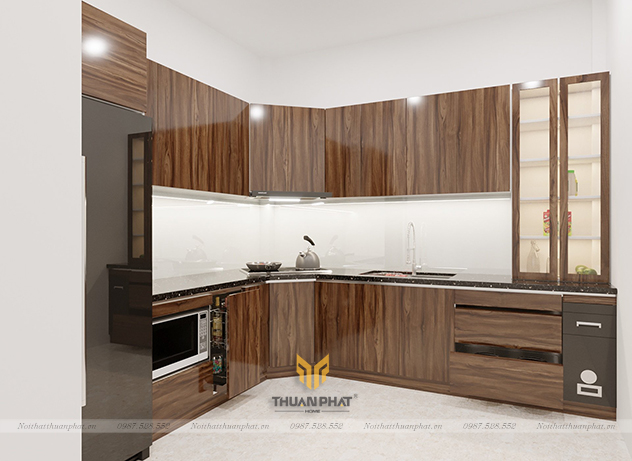 Tủ bếp inox cánh Acrylic vân gỗ