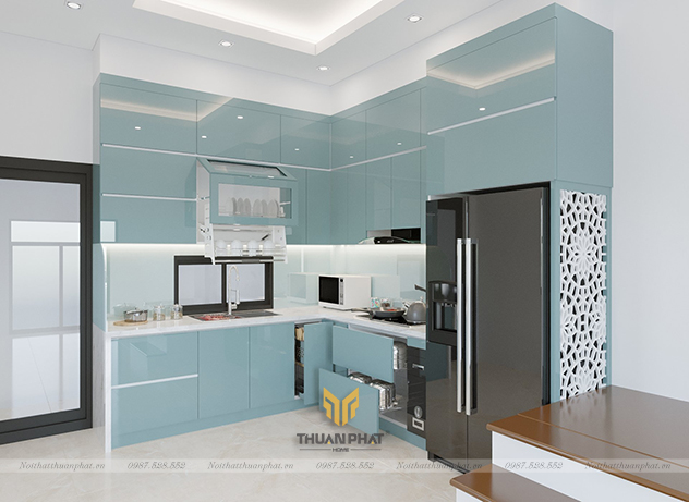 Tủ bếp nhựa Acrylic xanh cao kịch trần