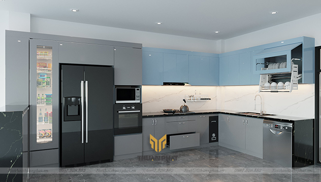 Tủ bếp nhựa Acrylic xám phối xanh độc lạ