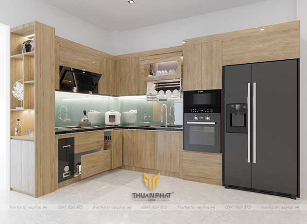 Tủ bếp nhựa Acrylic vân gỗ sáng màu