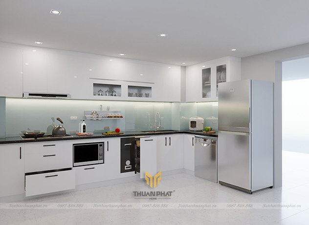 Tủ bếp nhựa Acrylic trắng sứ hình chữ L